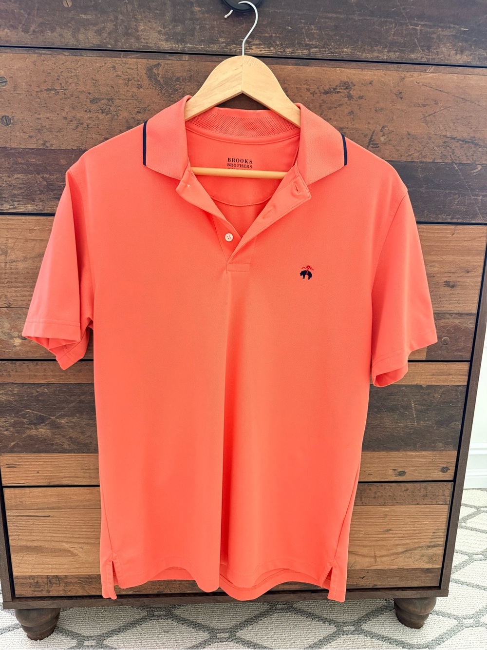 Brooks Brothers Men’s Coral-Orange Polo with Navy Trim